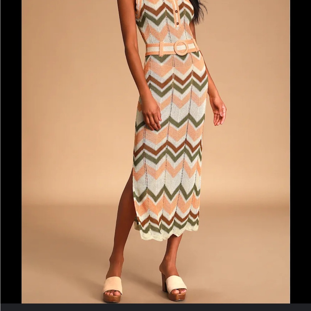Moon River Chevron Knit Midi Dress in Orange, Cream, and Green
